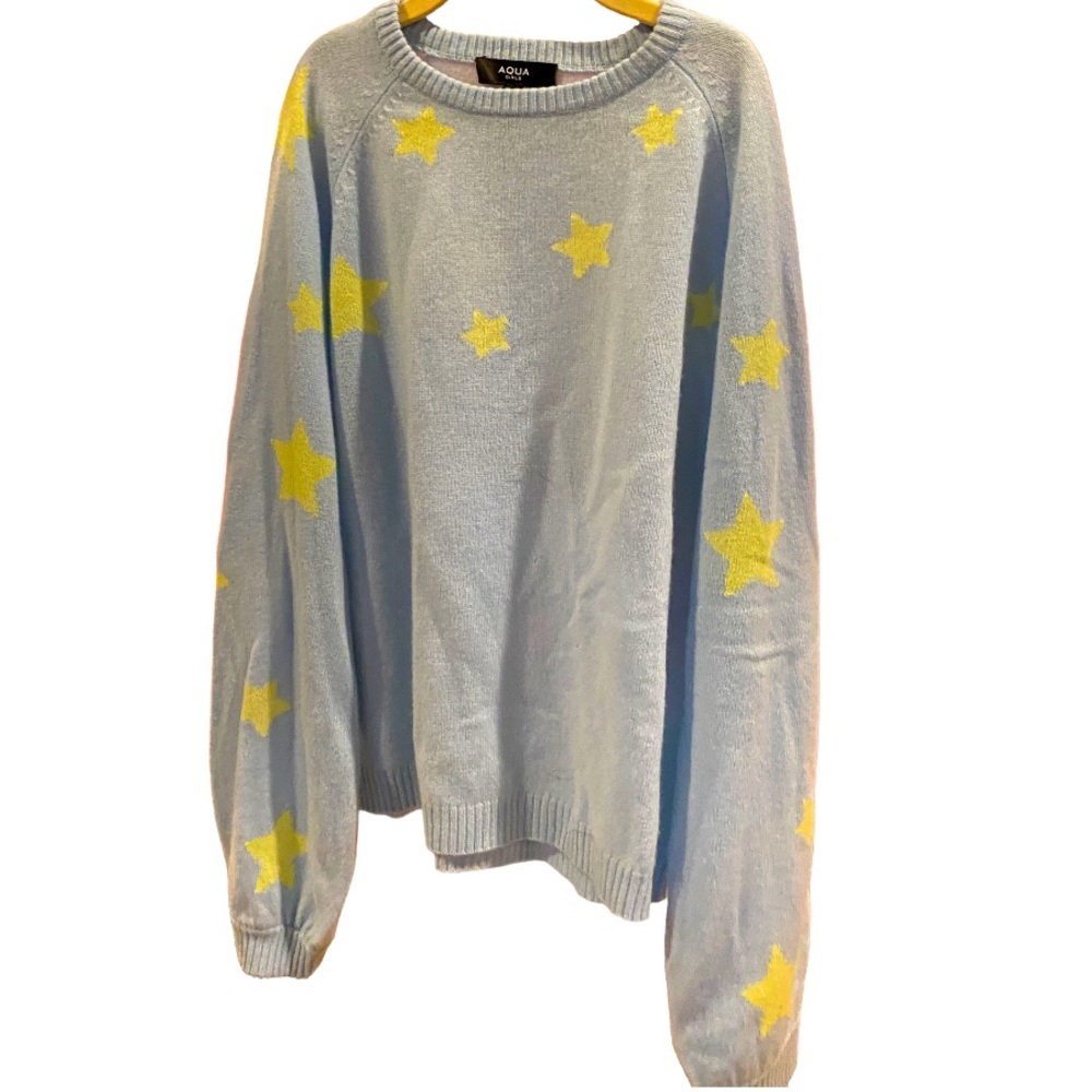 AQUA (Bloomingdale's) 100% Cashmere Sky Blue Sweater with Lemon color Stars - Picture 1 of 1
